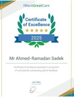 iWantGreatCare Certificate of Excellence 2025 awarded to Mr Ahmed-Ramadan Sadek