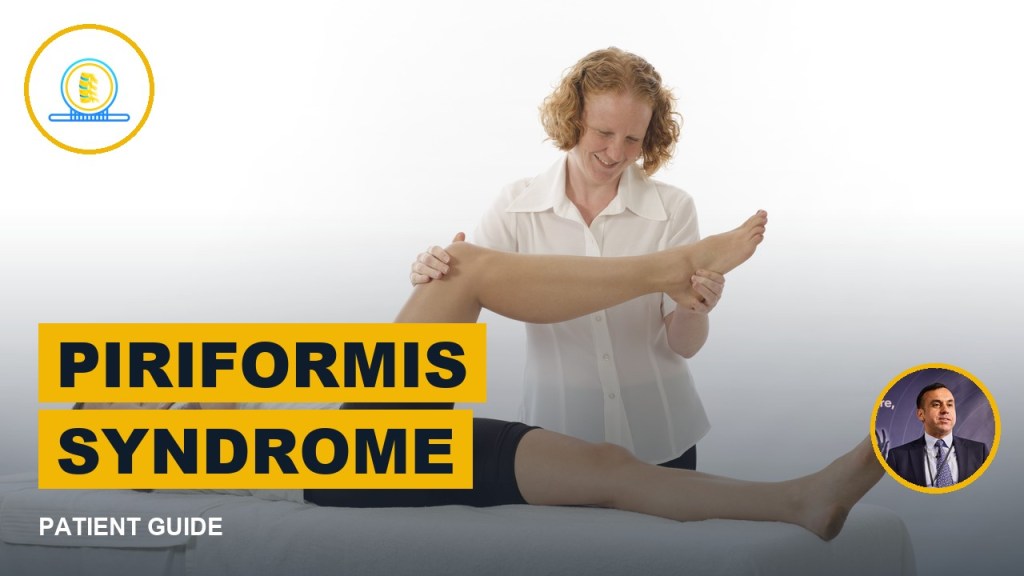 A physiotherapist stretching the hip of a person lying on a treatment couch, with the title Piriformis syndrome