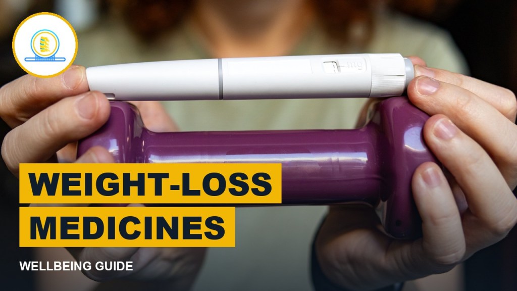 Weight-loss injection pen resting on a dumbbell