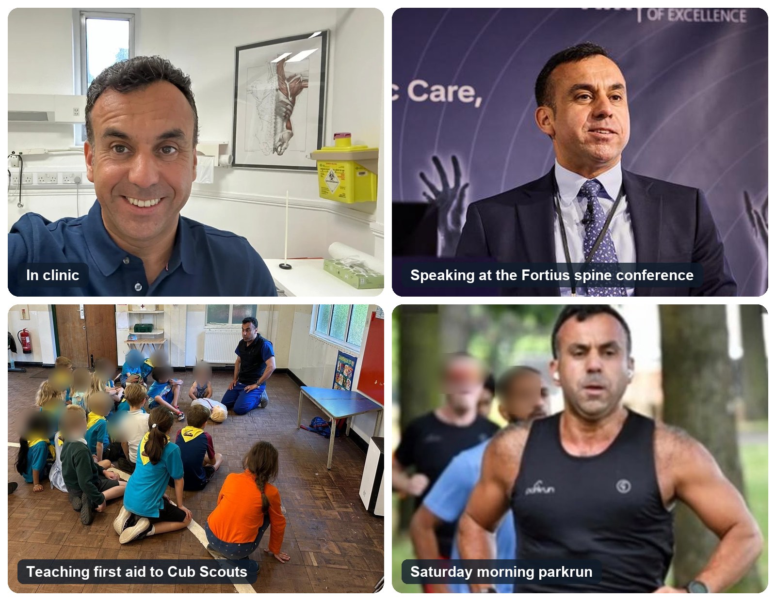 Four photos of Mr Sadek: in clinic, speaking at the Fortius spine conference, teaching first aid to Cub Scouts, and running at parkrun