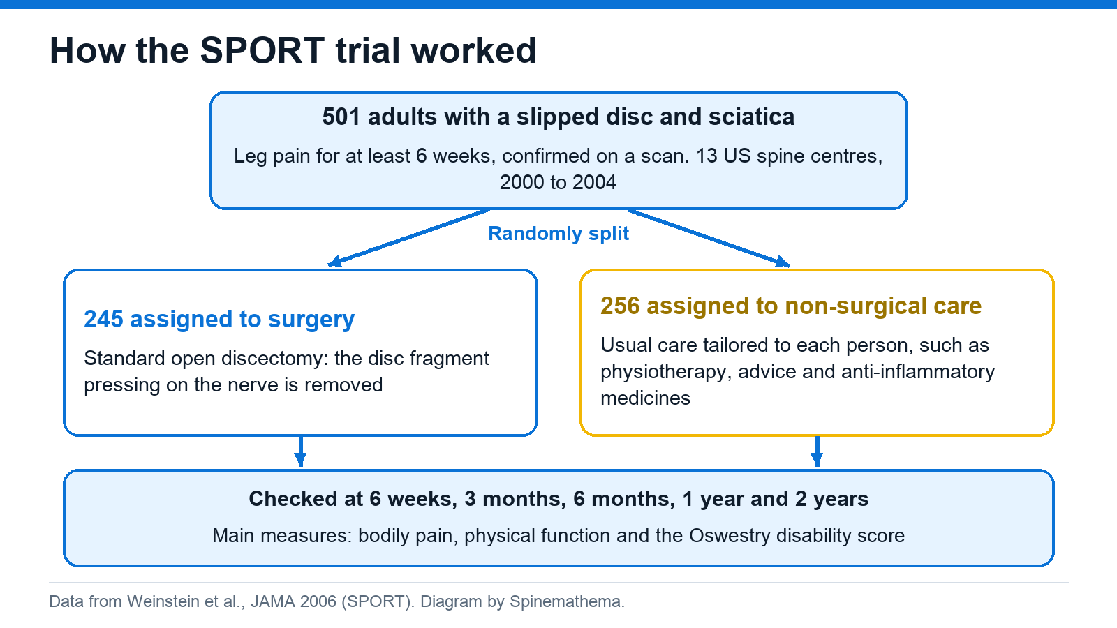 Flow diagram of the SPORT trial: 501 adults with a slipped disc and sciatica were randomly split into 245 assigned to surgery and 256 assigned to non-surgical care, then checked at 6 weeks, 3 months, 6 months, 1 year and 2 years.